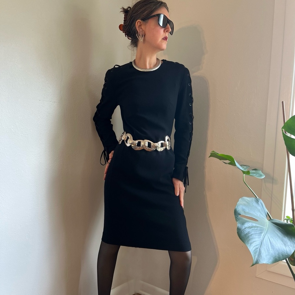 Louis Feraud Vintage 90s Long Sleeve Black Dress w/ Lace-Up Sleeves - Picture 3 of 9